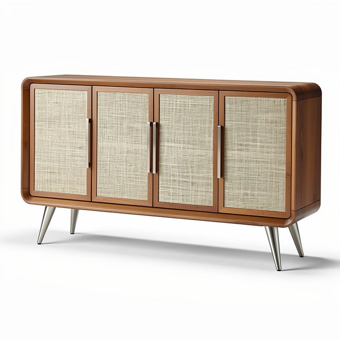 **Technische titel in het Nederlands:** Moderne houten dressoir met geweven rattan deurtjes en metalen poten